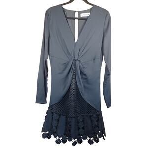 Self-Portrait Black Twist-Front V-Neck Mini Dress with Crochet Lace Hem Coquette